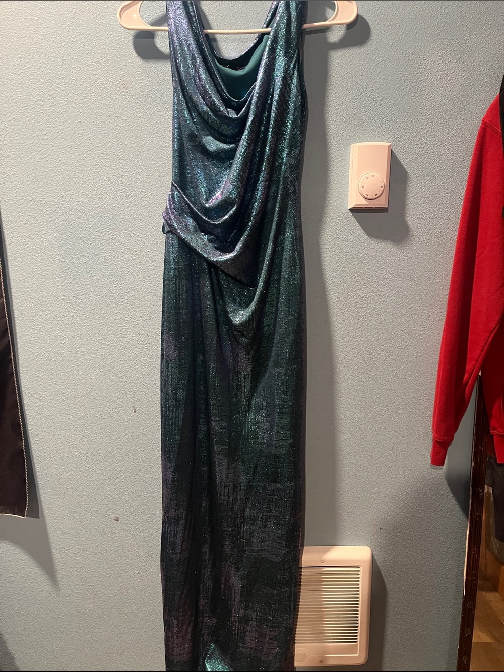 Shimmery Teal Cowl Neck Evening Dress